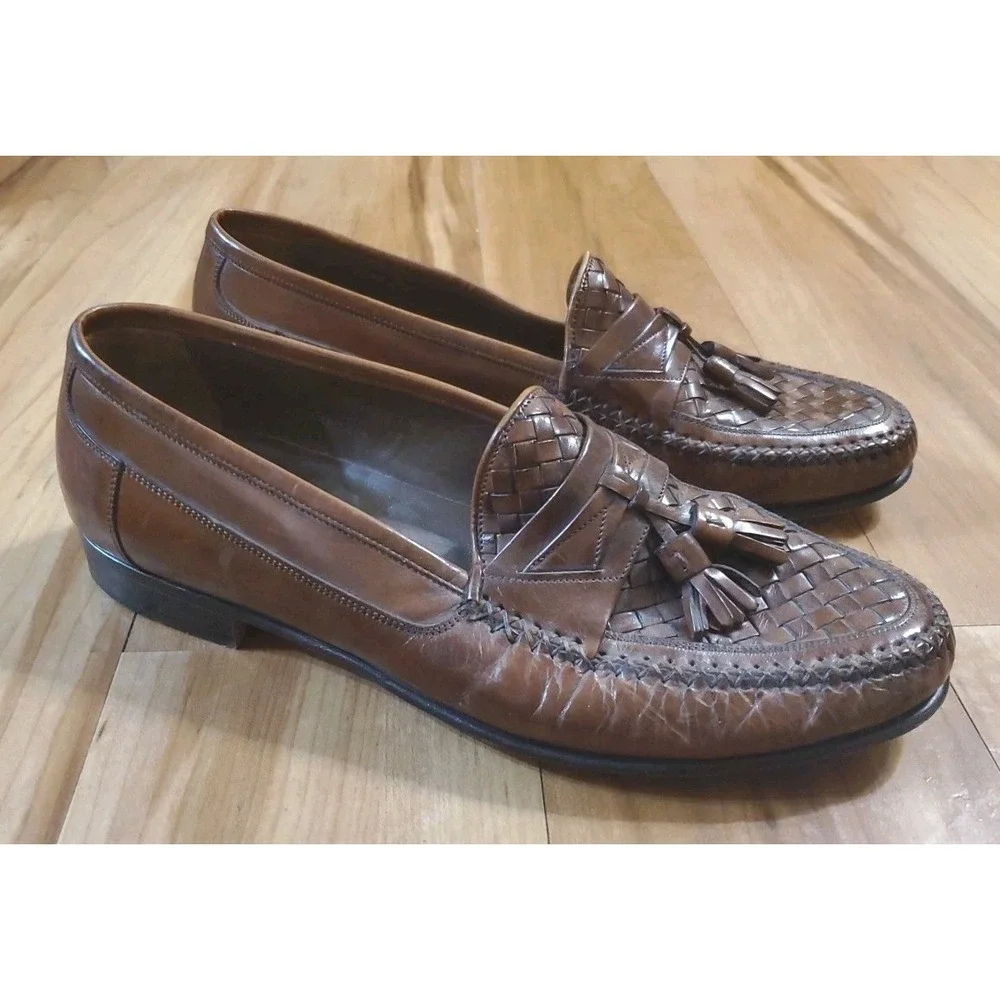 JOHNSTON MURPHY Dress Shoes Brown Woven Leather Italian Tassel Loafers Size 9M‎
